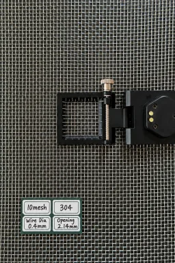 10 mesh SS304 wire mesh reference, 0.4 mm wire and 2.14 mm labeled opening