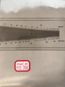 100 mesh SS304 wire mesh reference, 0.11 mm wire and 0.144 mm labeled opening