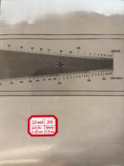 120 mesh SS304 wire mesh reference, 0.08 mm wire and 0.13 mm labeled opening