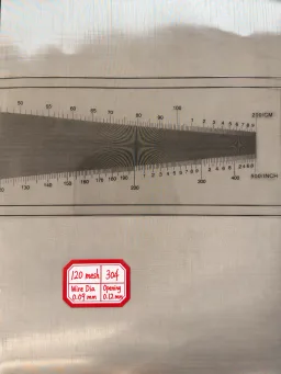 120 mesh SS304 wire mesh reference, 0.09 mm wire and 0.12 mm labeled opening