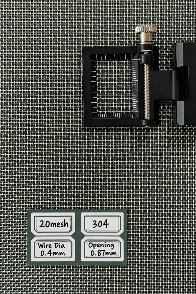 Mesh counter on 20 mesh SS304 wire cloth, labeled with 0.4 mm wire diameter and 0.87 mm opening