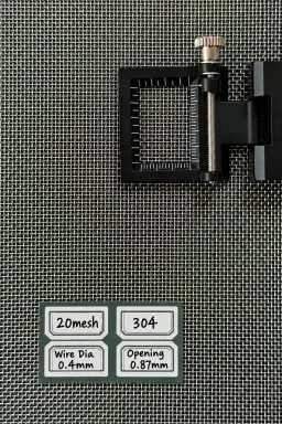 20 mesh SS304 wire mesh reference, 0.4 mm wire and 0.87 mm labeled opening