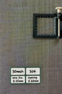 30 mesh SS304 wire mesh reference, 0.25 mm wire and 0.6 mm labeled opening