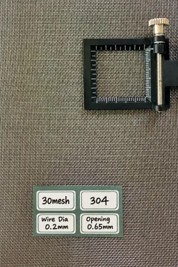 30 mesh SS304 wire mesh reference, 0.2 mm wire and 0.65 mm labeled opening