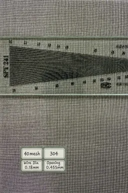 40 mesh SS304 wire mesh reference, 0.18 mm wire and 0.455 mm labeled opening