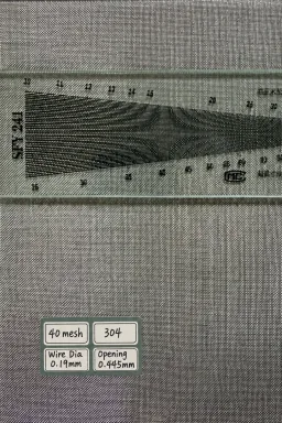 40 mesh SS304 wire mesh reference, 0.19 mm wire and 0.445 mm labeled opening