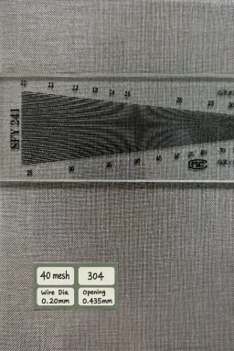 40 mesh SS304 wire mesh reference, 0.2 mm wire and 0.435 mm labeled opening