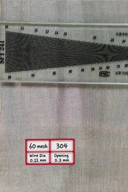 60 mesh SS304 wire mesh reference, 0.12 mm wire and 0.3 mm labeled opening