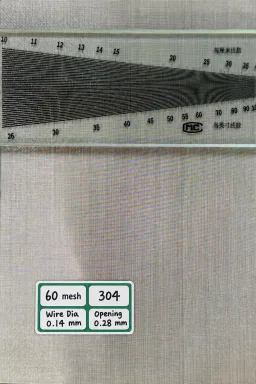 60 mesh SS304 wire mesh reference, 0.14 mm wire and 0.28 mm labeled opening