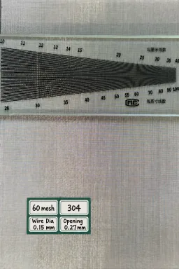 60 mesh SS304 wire mesh reference, 0.15 mm wire and 0.27 mm labeled opening