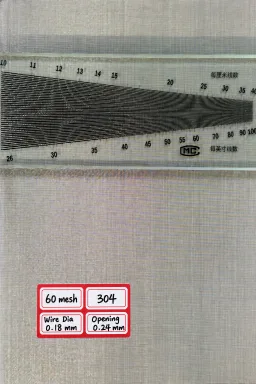 60 mesh SS304 wire mesh reference, 0.18 mm wire and 0.24 mm labeled opening