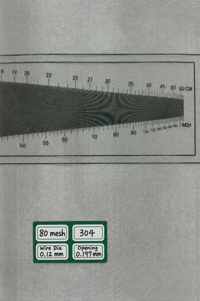 Fine mesh measurement reference labeled 80 mesh SS304, 0.12 mm wire diameter and 0.197 mm opening