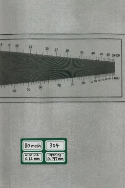 80 mesh SS304 wire mesh reference, 0.12 mm wire and 0.197 mm labeled opening