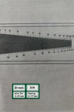 80 mesh SS304 wire mesh reference, 0.14 mm wire and 0.177 mm labeled opening