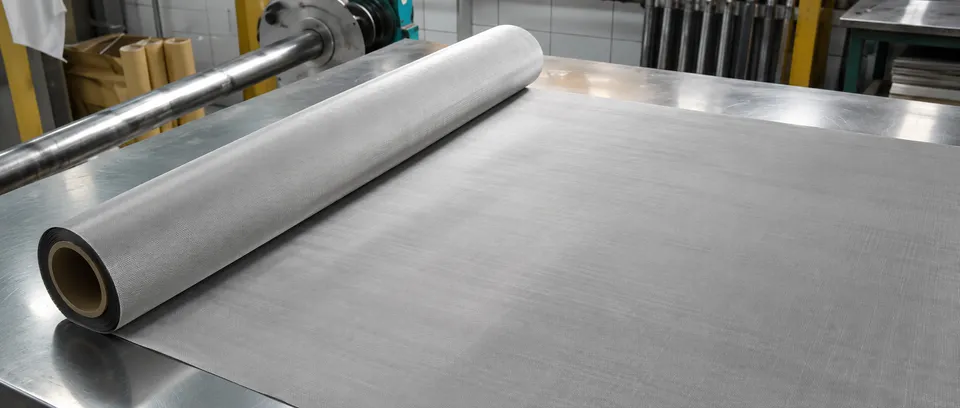 Metal wire mesh roll laid out on a factory worktable
