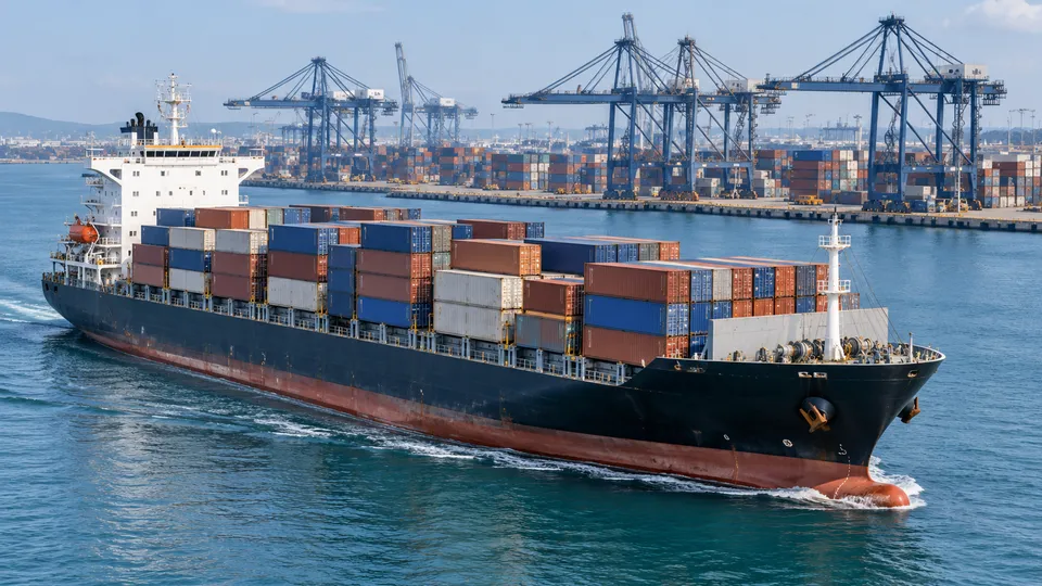 AI-generated illustration of a container cargo ship at an international freight terminal