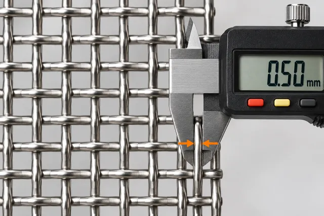 Digital caliper measuring a woven mesh wire at 0.50 mm