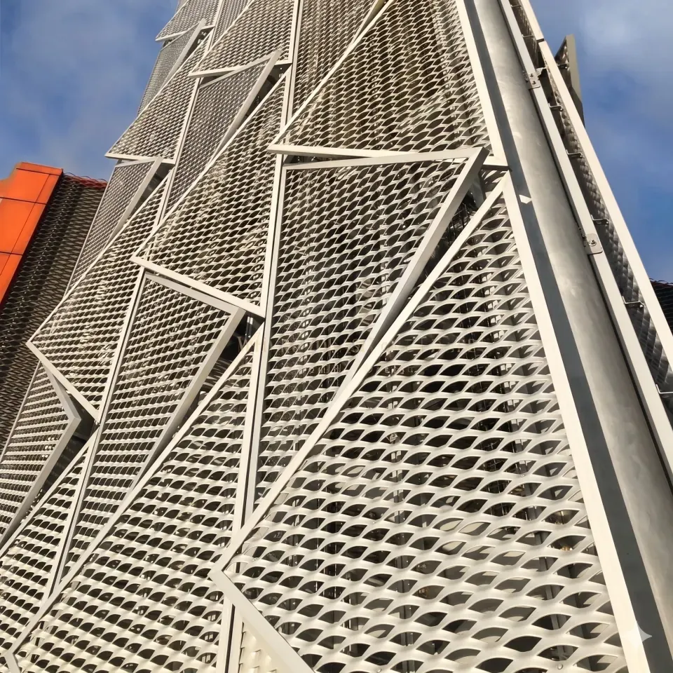 Architectural expanded metal exterior facade panels with white frames