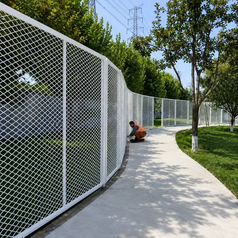 White expanded metal mesh fence along a landscaped path