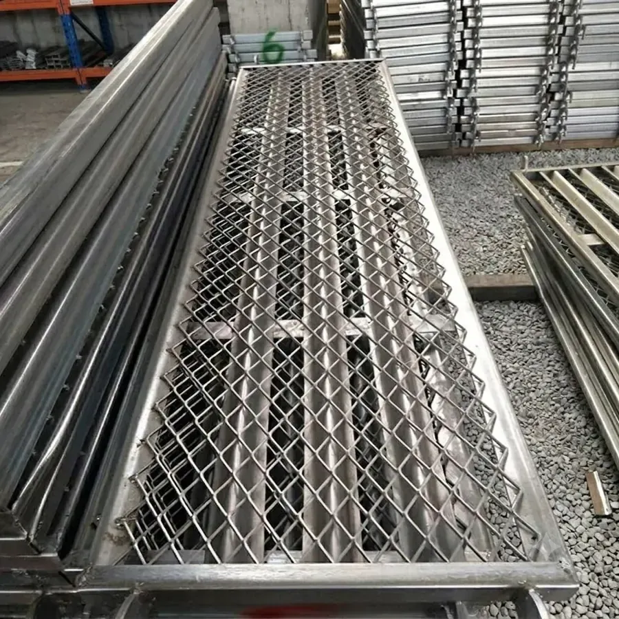 Galvanized expanded metal stair tread panel with side frame