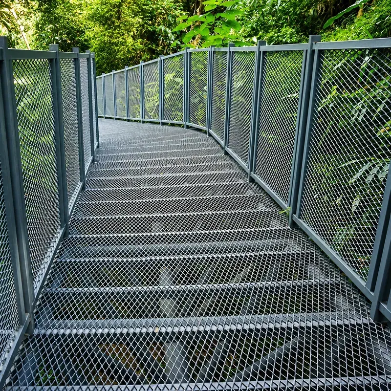 Outdoor expanded metal walkway with framed mesh railings