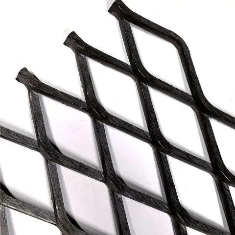 Close-up of black expanded metal mesh diamond openings