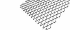 Silver expanded metal mesh corner with narrow diamond openings on a white background