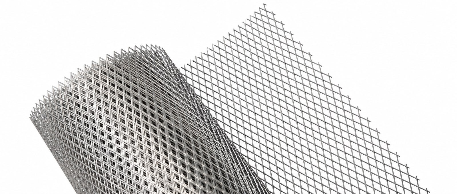 Stacked silver expanded metal mesh panels with one upright diamond-pattern panel