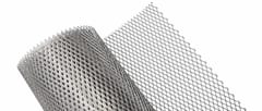 Stacked silver expanded metal mesh panels with one upright diamond-pattern panel