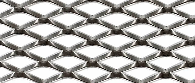 Silver aluminum expanded metal close-up showing raised diamond strands