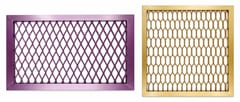 Purple and gold framed aluminum expanded metal panels with decorative opening patterns