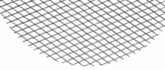 Flattened carbon steel expanded metal sheet with fine diamond openings on a white background
