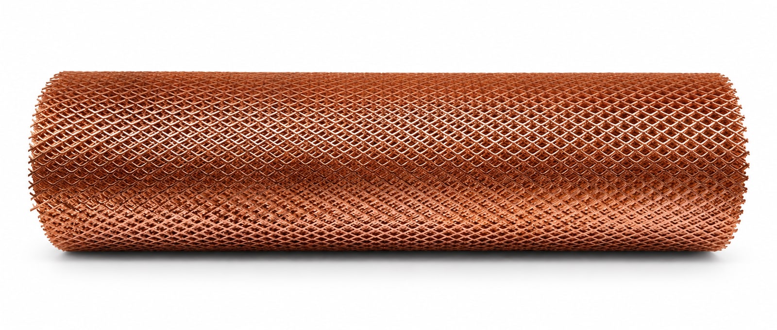 Copper expanded metal mesh roll with fine diamond openings on a white background