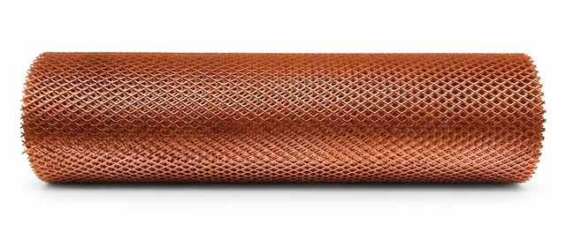 Copper expanded metal mesh roll with fine diamond openings on a white background