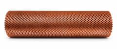 Copper expanded metal mesh roll with fine diamond openings on a white background