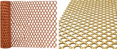 Copper-colored expanded metal roll beside a gold-colored expanded metal sheet