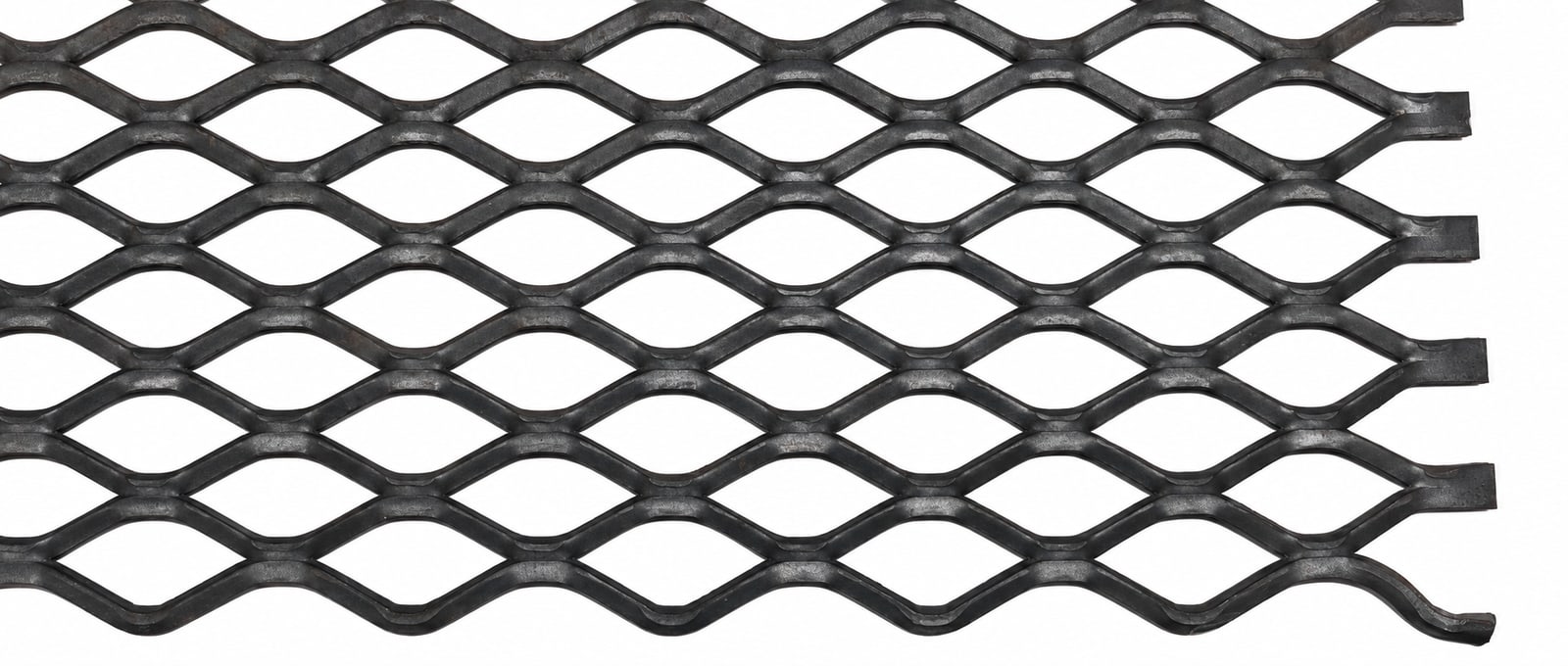 Dark flattened expanded metal close-up showing broad diamond openings and flat strands