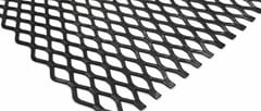 Black flattened expanded metal sheet with diamond openings and visible cut edges