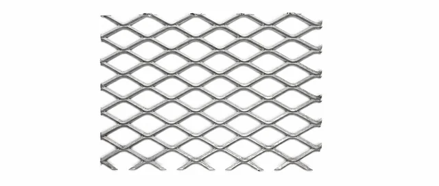 Galvanized expanded metal panel showing a raised diamond pattern from the front