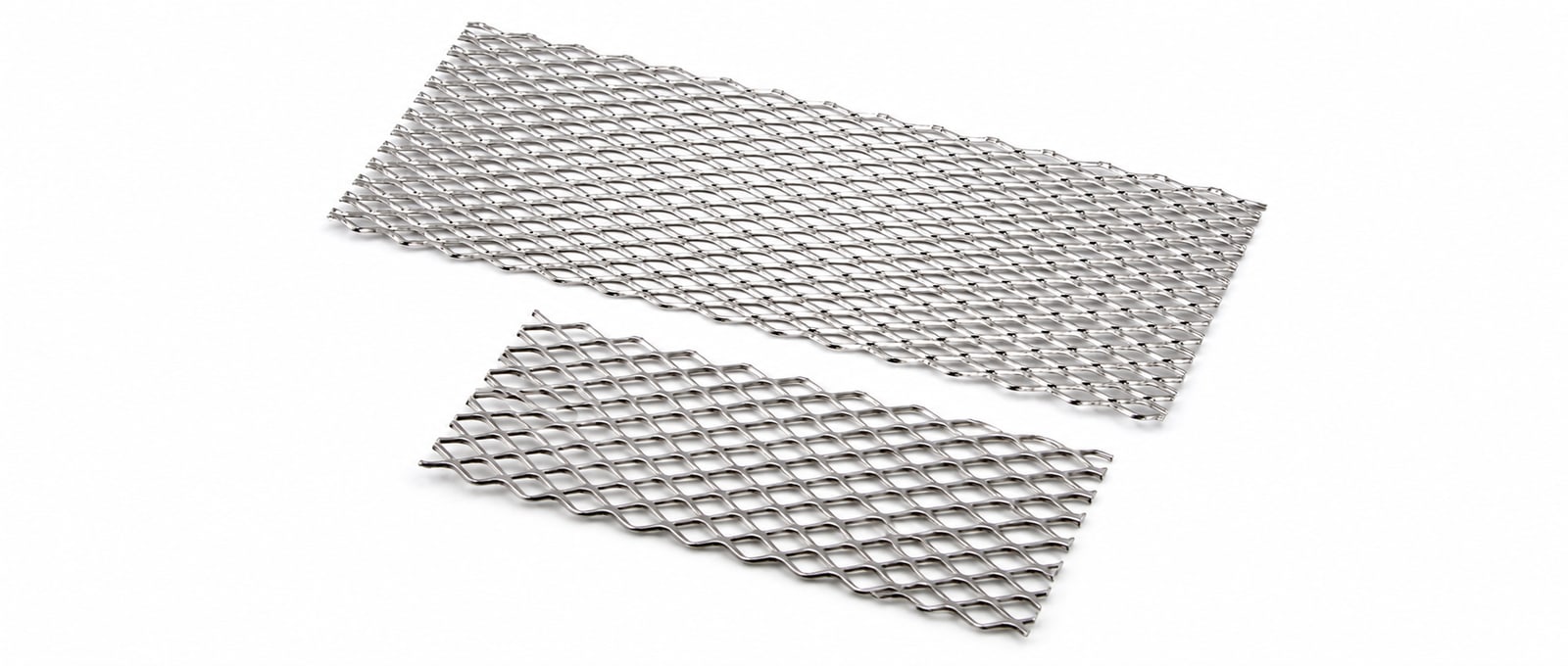 Two titanium expanded metal sheets with different diamond opening sizes on a white background