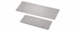Two titanium expanded metal sheets with different diamond opening sizes on a white background