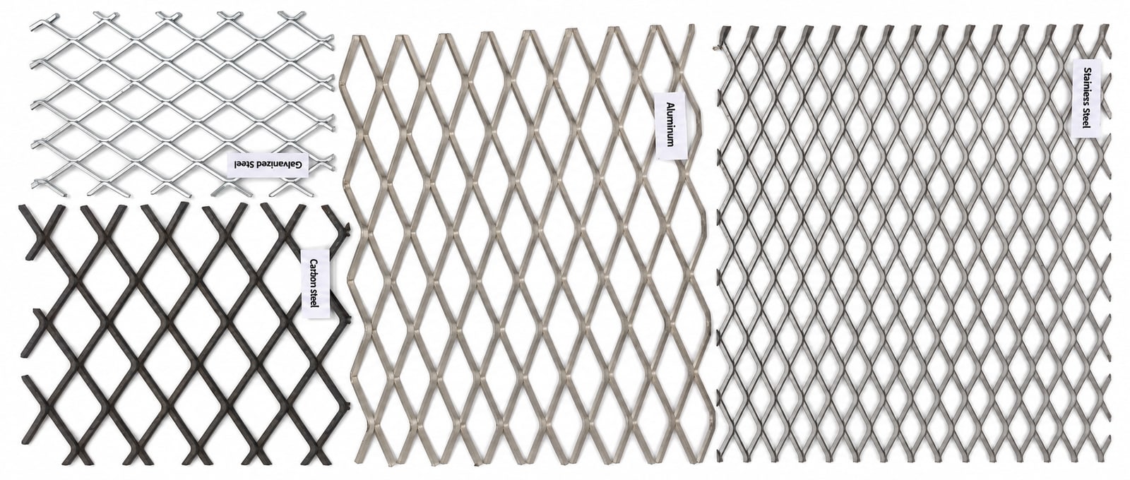 Expanded metal sheet samples in galvanized steel, carbon steel, aluminum and stainless steel