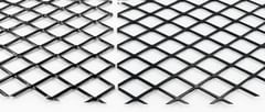 Black raised and flattened expanded metal sheets shown side by side