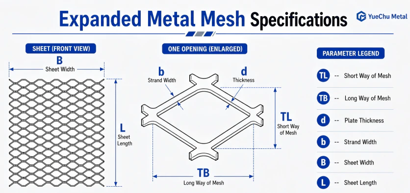 YueChu Metal expanded metal mesh specification diagram showing sheet width B, sheet length L, strand width b, thickness d, short way TL and long way TB