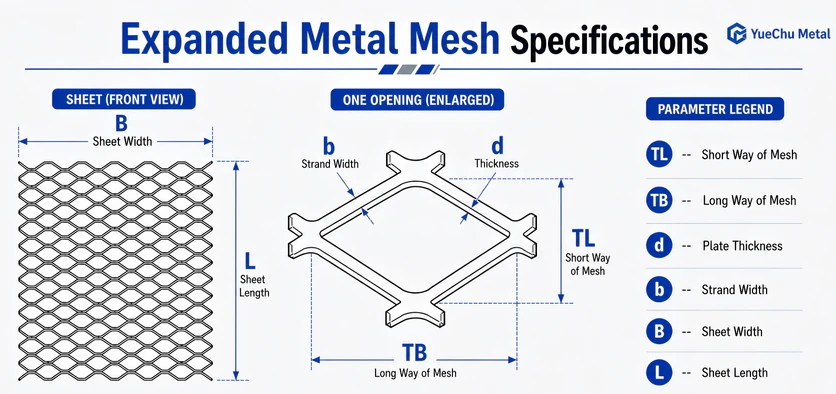 Expanded metal mesh specification diagram showing sheet width B, sheet length L, short mesh pitch TL, long mesh pitch TB, strand width b and plate thickness d.