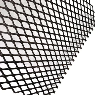 Flattened black expanded metal sheet with a lower diamond profile
