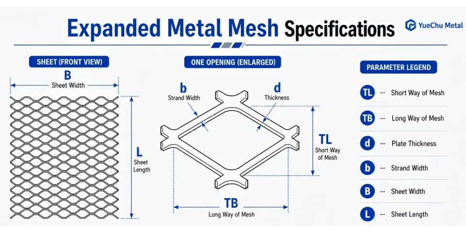 Expanded metal measurement diagram showing TL short way, TB long way, strand width, thickness, sheet width and sheet length