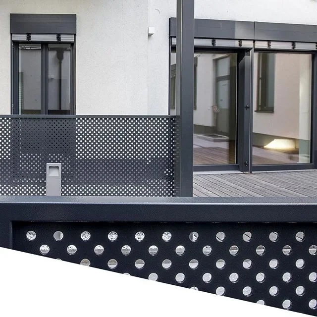 Black perforated metal balcony privacy screen panels