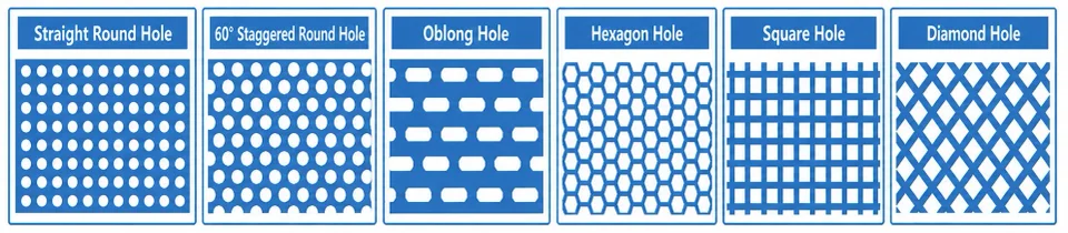 Perforated metal hole patterns including straight round, 60 degree staggered round, oblong, hexagon, square and diamond holes