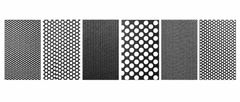 Six carbon steel perforated sheet samples with different round-hole sizes